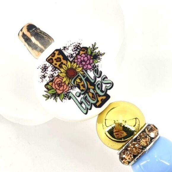 He Lives! Jesus Christ Christian cross pen handmade NEW bling rhinestone blue fl - Picture 5 of 6